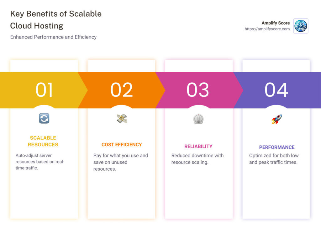 infographic detailing key benefits of scalable cloud hosting: scalable resources, cost efficiency, reliability, and performance. - scalable cloud web hosting infographic pillar-4-steps