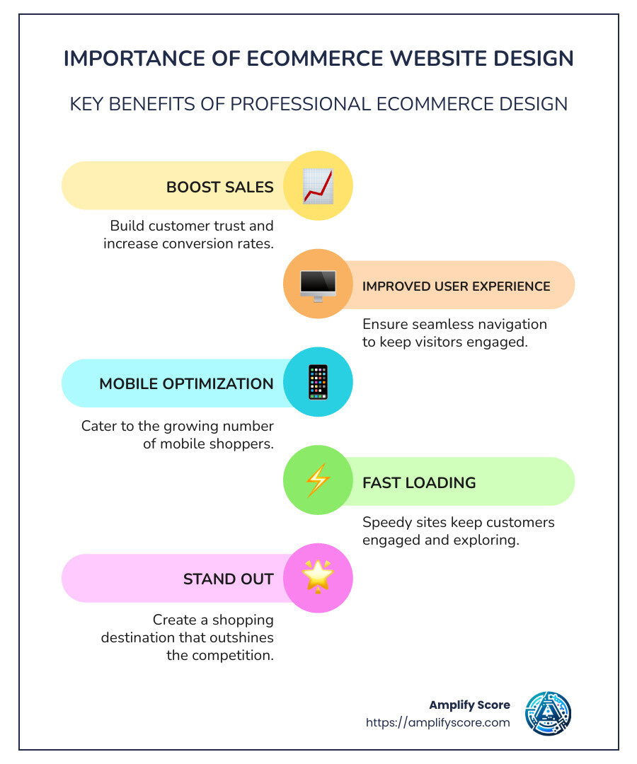 Summary infographic about quick points on ecommerce design importance - ecommerce website design services infographic infographic-line-5-steps-colors