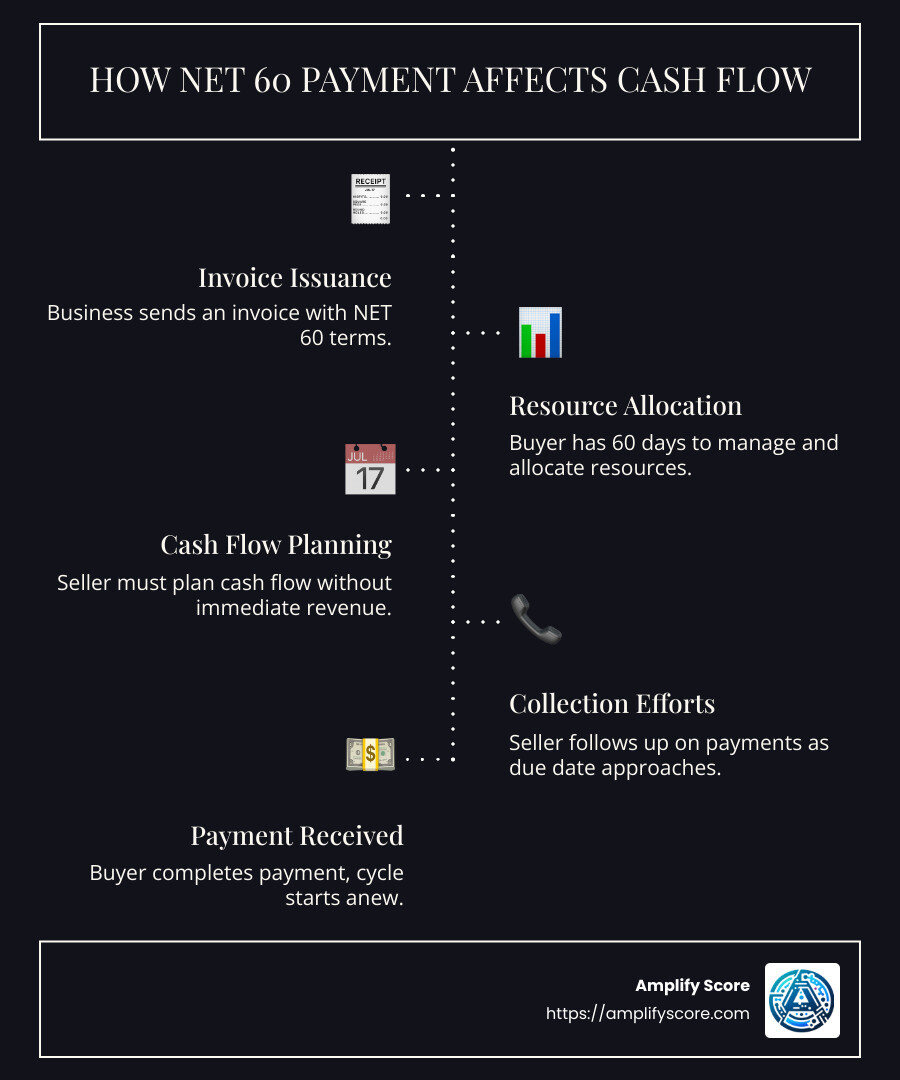 How NET 60 Payment Affects Cash Flow Infographic: Explains cash flow impact, invoice cycle, and strategic benefits and drawbacks. - NET 60 payment infographic infographic-line-5-steps-dark