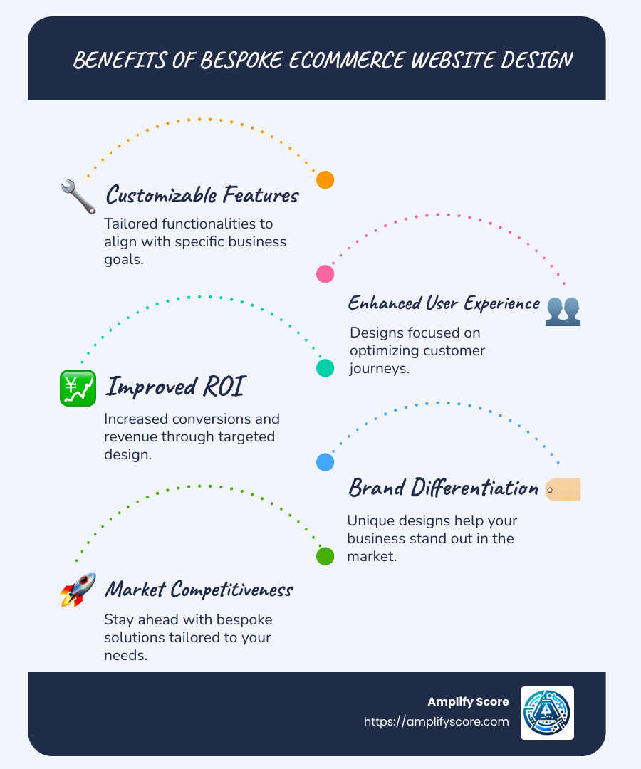 infographic detailing the importance and benefits of bespoke ecommerce website design, including customizable features, improved user experience, improved ROI, brand differentiation, and market competition. - bespoke ecommerce website design infographic infographic-line-5-steps-blues-accent_colors