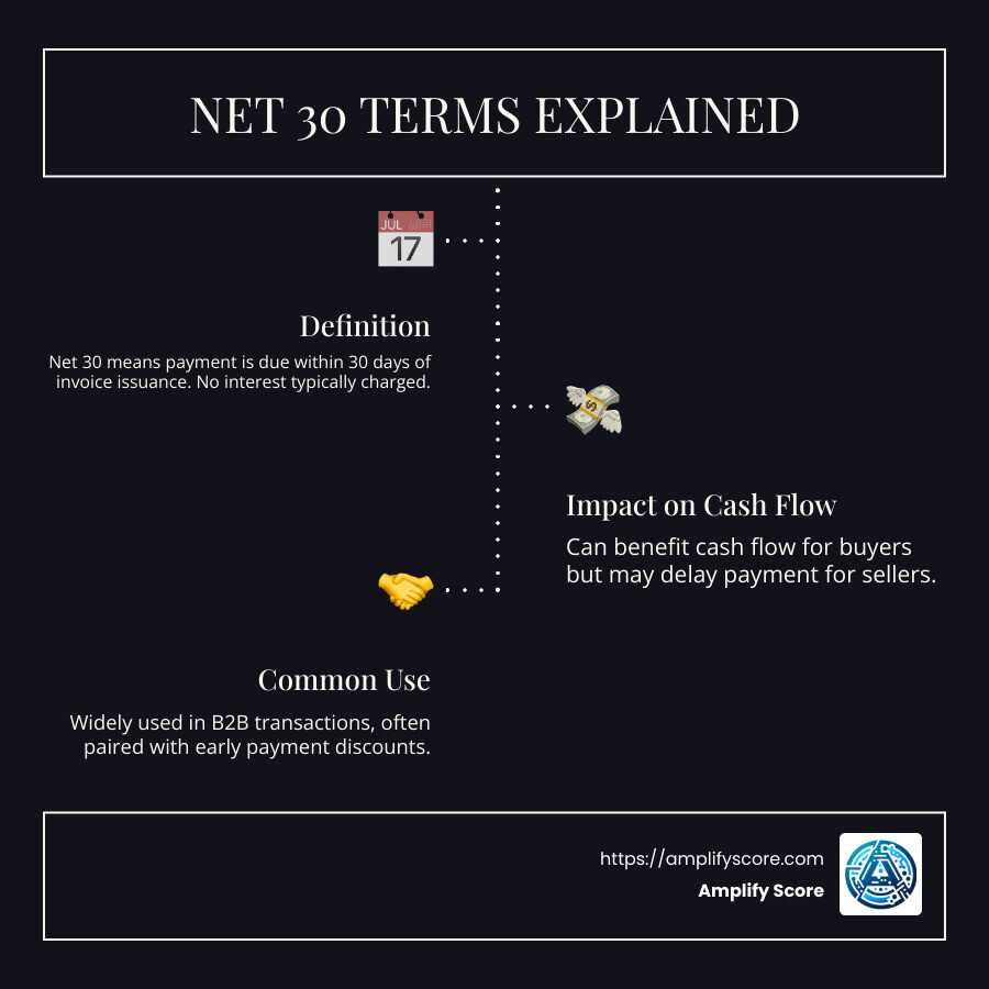 Infographic detailing Net 30 terms with definition, key benefits, and potential challenges - Net 30 terms explained infographic infographic-line-3-steps-dark